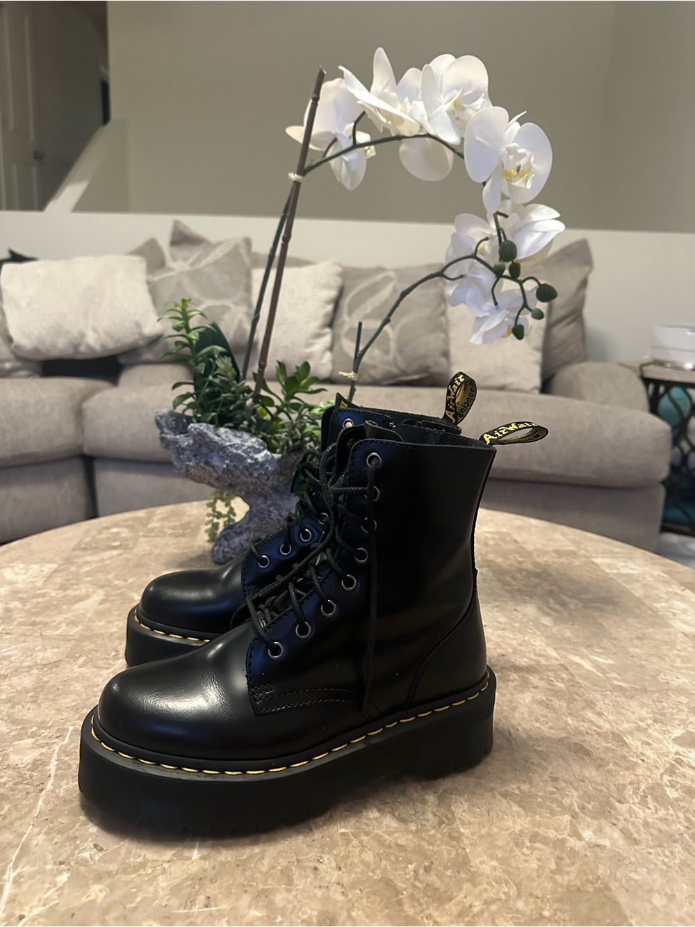Dr. Martens Black Platform Lace-Up Boots with Yellow Stitching